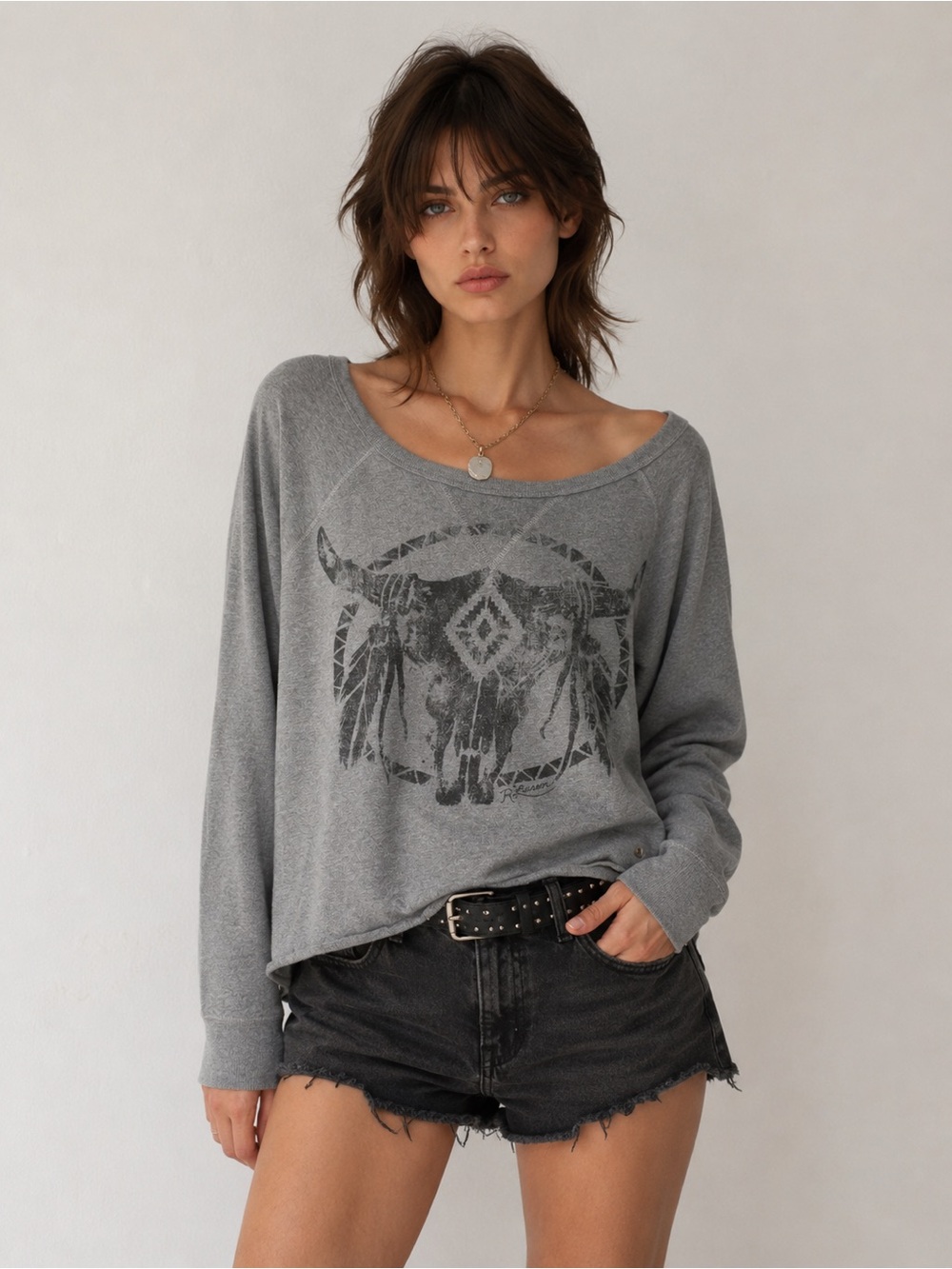 Ralph Lauren Denim & Supply western longhorn skull oversized graphic crop sweat